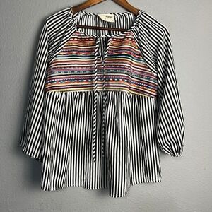 Savana‎ Jane Peasant Cotton Blouse Embroidered Striped Tie Neck Top Boxy Size
